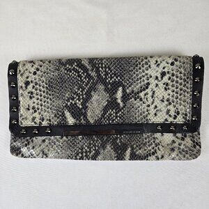 BCBGMaxAzria Leather Snakeskin Print Clutch Silver Stud Embellishment Black Trim